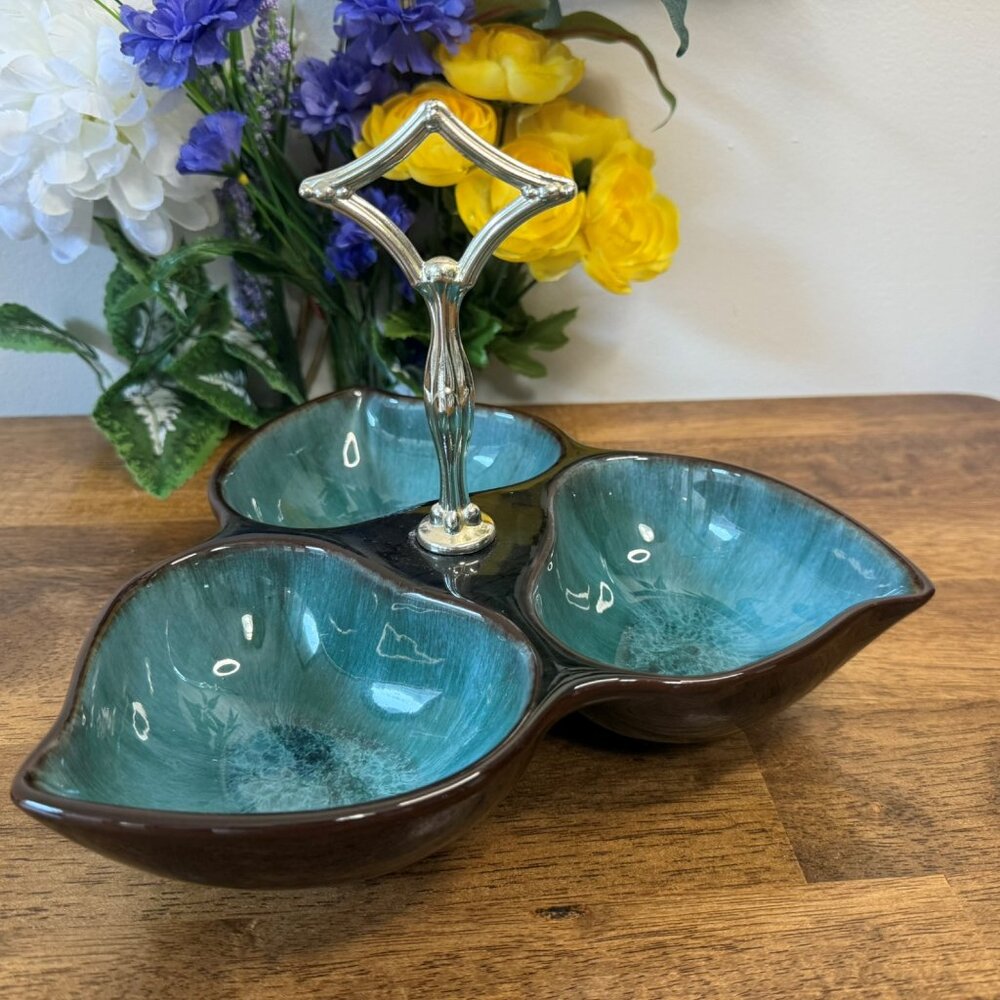 Mid Century Drip Glaze Tri-Leaf Snack‎ Dish Retro Teal Brown Pottery Handle Tray